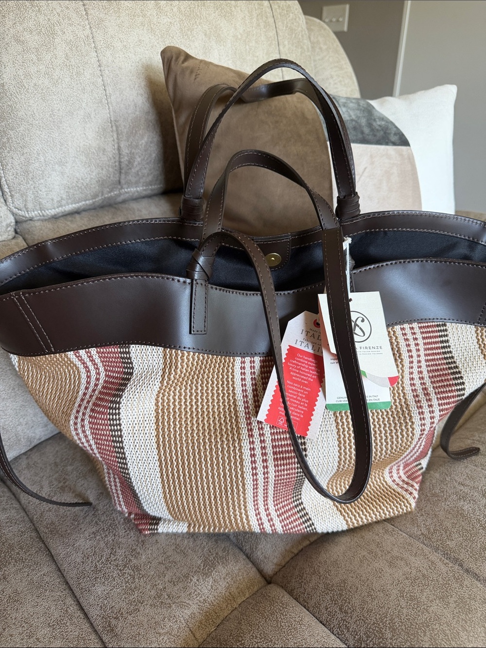 Divine Firenze Woven Stripe Tote Bag with Dark Brown Trim